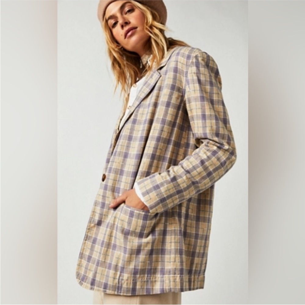 Free People Oversized Plaid Linen Like Blazer